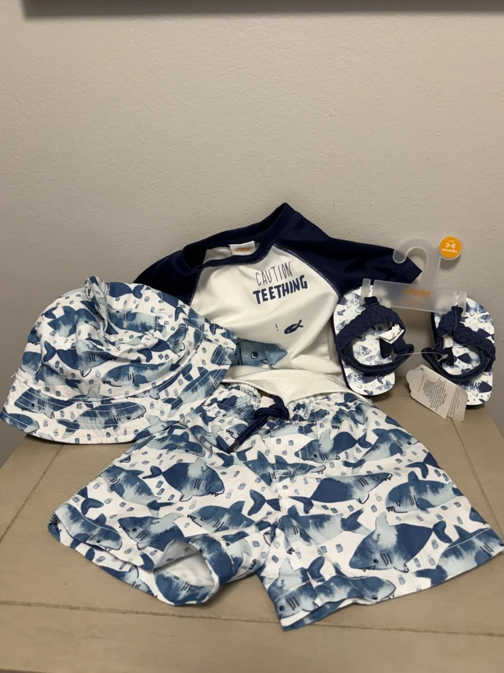 Gymboree Baby Boy Shark Swimsuit Set 4PC Rash Guard Trunks Hat Sandals 3-6M NWT